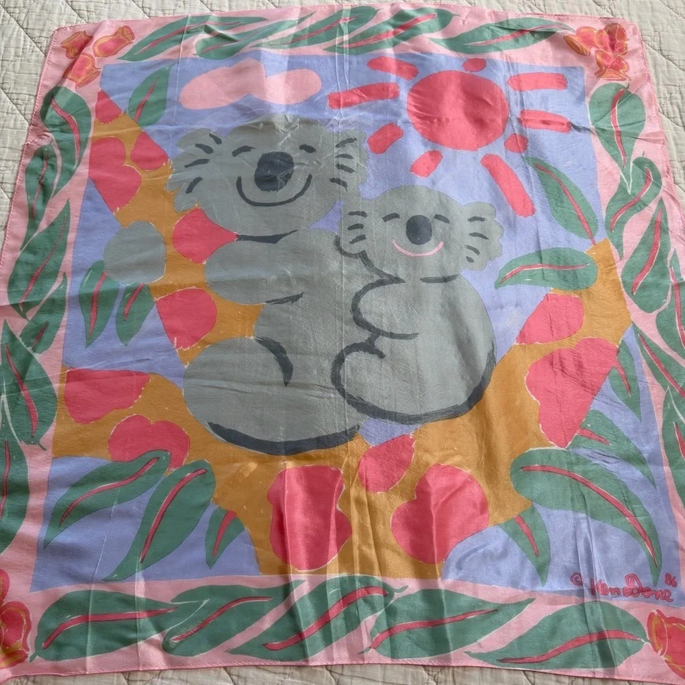 KEN DONE 1986 Vintage Silk Scarf 29” Pink Koalas Sun Australia 100% Silk